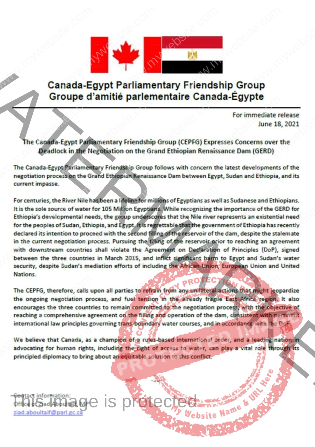 الصداقة الكندية المصرية تؤكد أن الملء الثاني لسد النهضة دون اتفاق مع دولتي المصب مخالف لـ القانون الدولي