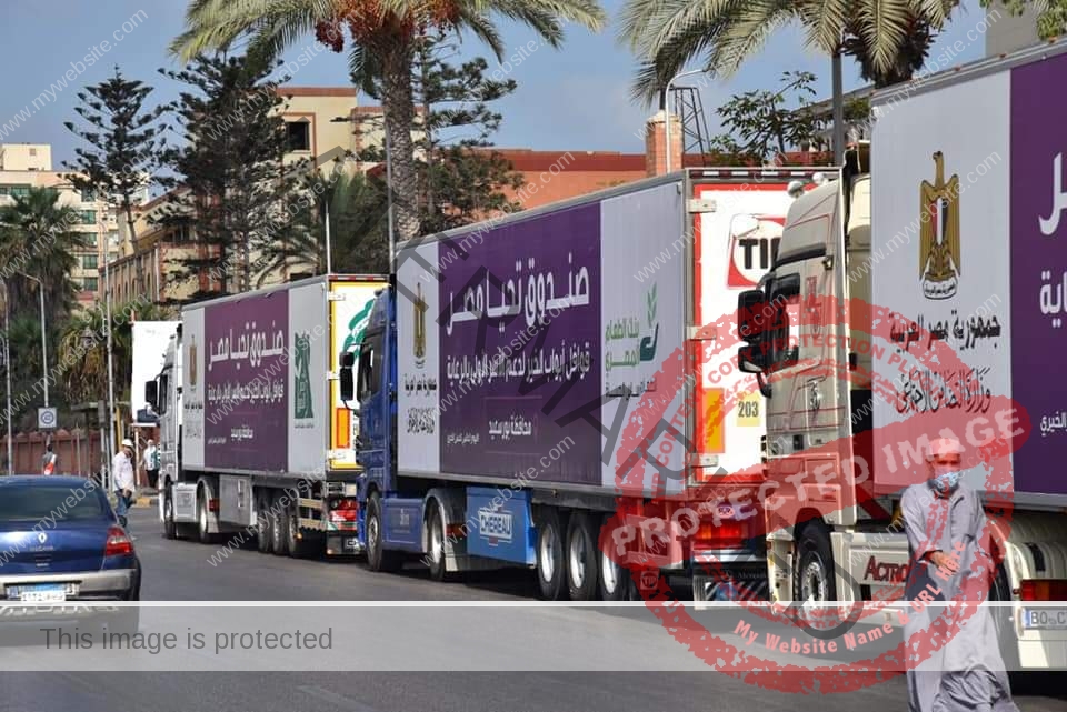 محافظ بورسعيد يستقبل قافلة " أبواب الخير " أكبر قافلة مساعدات إنسانية أطلقها الرئيس
