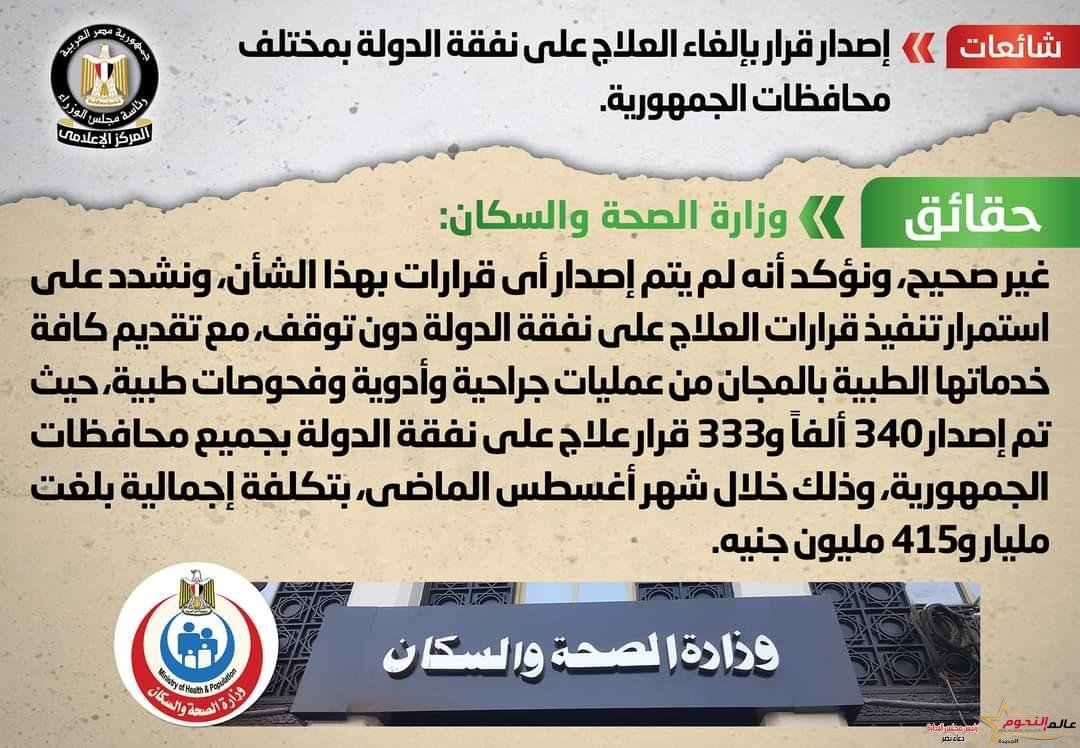 الحكومة تنفي إصدار قرار بإلغاء العلاج على نفقة الدولة بمختلف محافظات الجمهورية