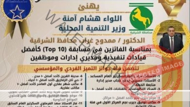 آمنه يُهنئ محافظ الشرقية بحصول المحافظة علي (11 )جائزة في مسابقة مصر للتميز الحكومي في دورتها الثالثة لعام 2022 