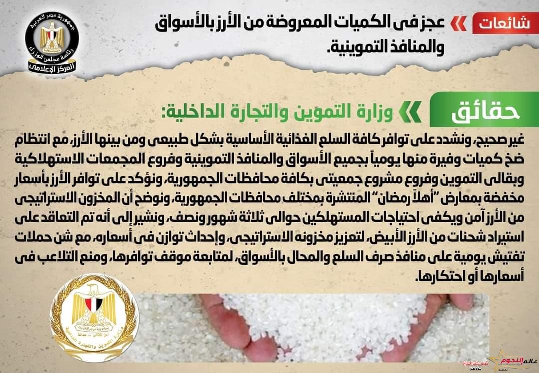 الحكومة تنفي وجود عجز في الكميات المعروضة من الأرز بالأسواق والمنافذ التموينية