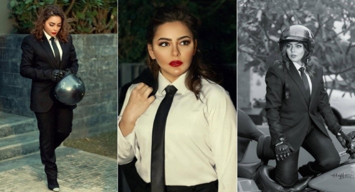 إلهام عبد البديع تخطف الأنظار بإطلالة غير تقليدية ببذلة رجالية وخوذة دراجات نارية في أحدث جلسة تصوير