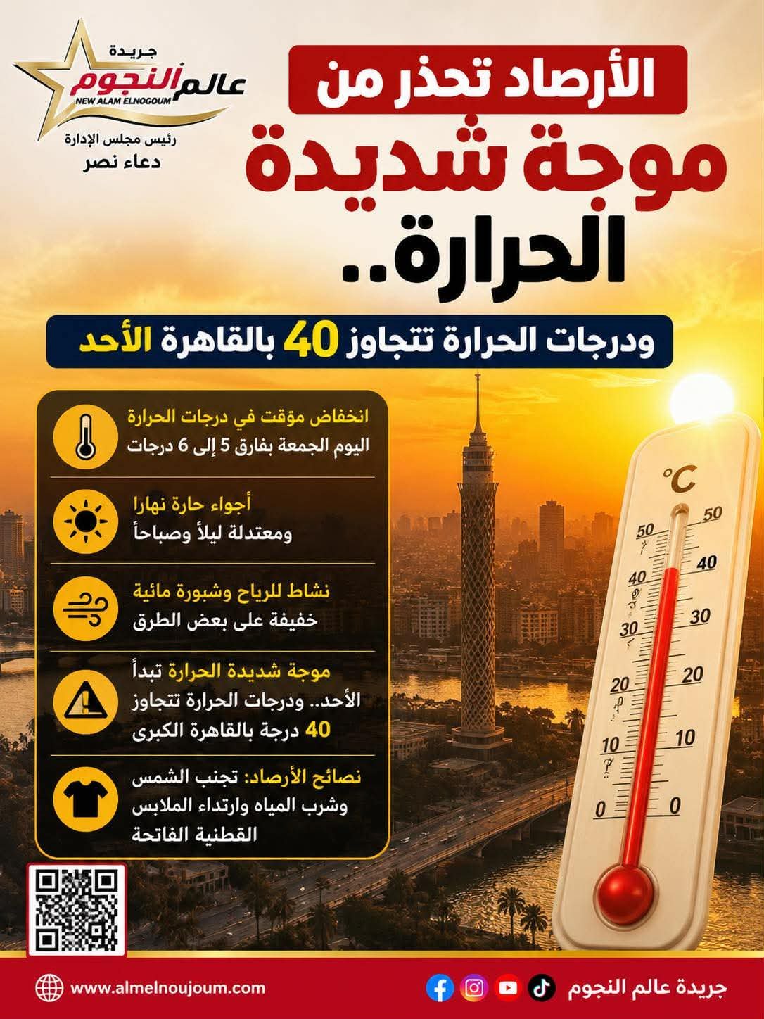 الأرصاد تحذر من موجة شديدة الحرارة تضرب مصر.. ودرجات الحرارة تتجاوز 40 بالقاهرة بداية من الأحد
