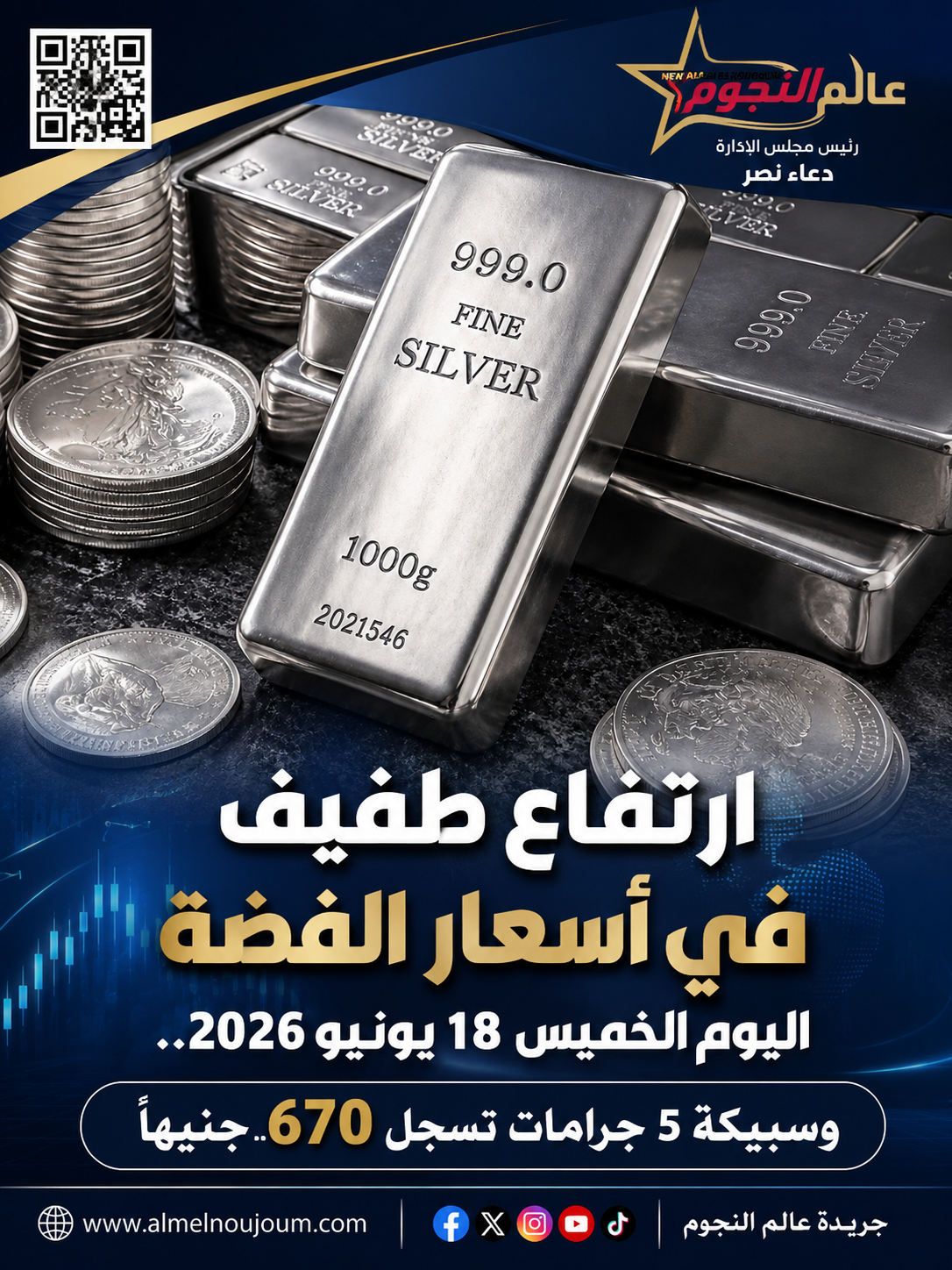 ارتفاع طفيف في أسعار الفضة اليوم الخميس 18 يونيو 2026.. وسبيكة 5 جرامات تسجل 670 جنيهاً
