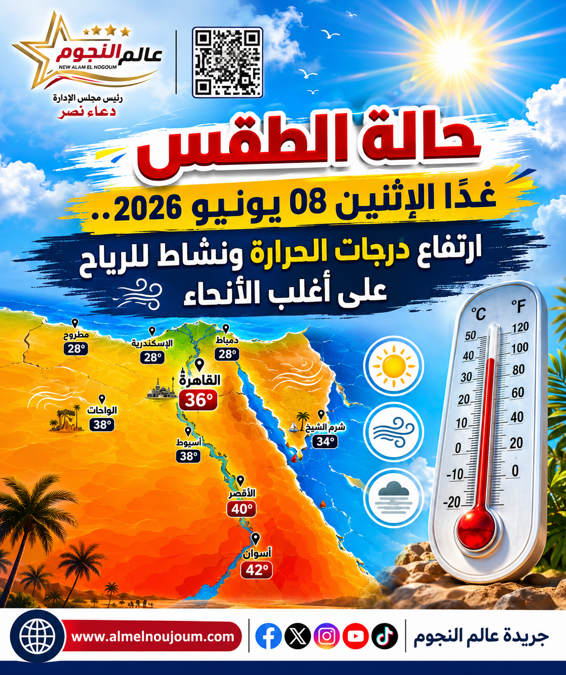 حالة الطقس غدًا الإثنين 08 يونيو 2026.. ارتفاع درجات الحرارة ونشاط للرياح على أغلب الأنحاء