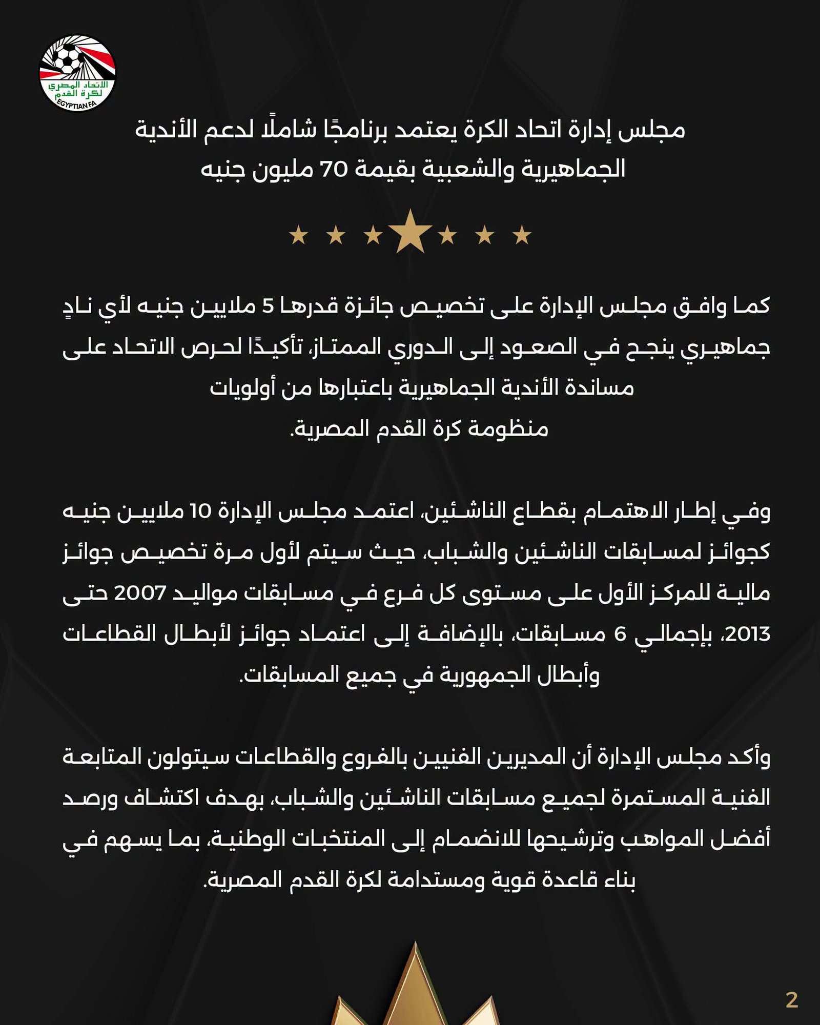 مجلس إدارة اتحاد الكرة يعتمد برنامجًا شاملًا لدعم الأندية الجماهيرية والشعبية بقيمة 70 مليون جنيه 2 مجلس إدارة اتحاد الكرة يعتمد برنامجًا شاملًا لدعم الأندية الجماهيرية والشعبية بقيمة 70 مليون جنيه