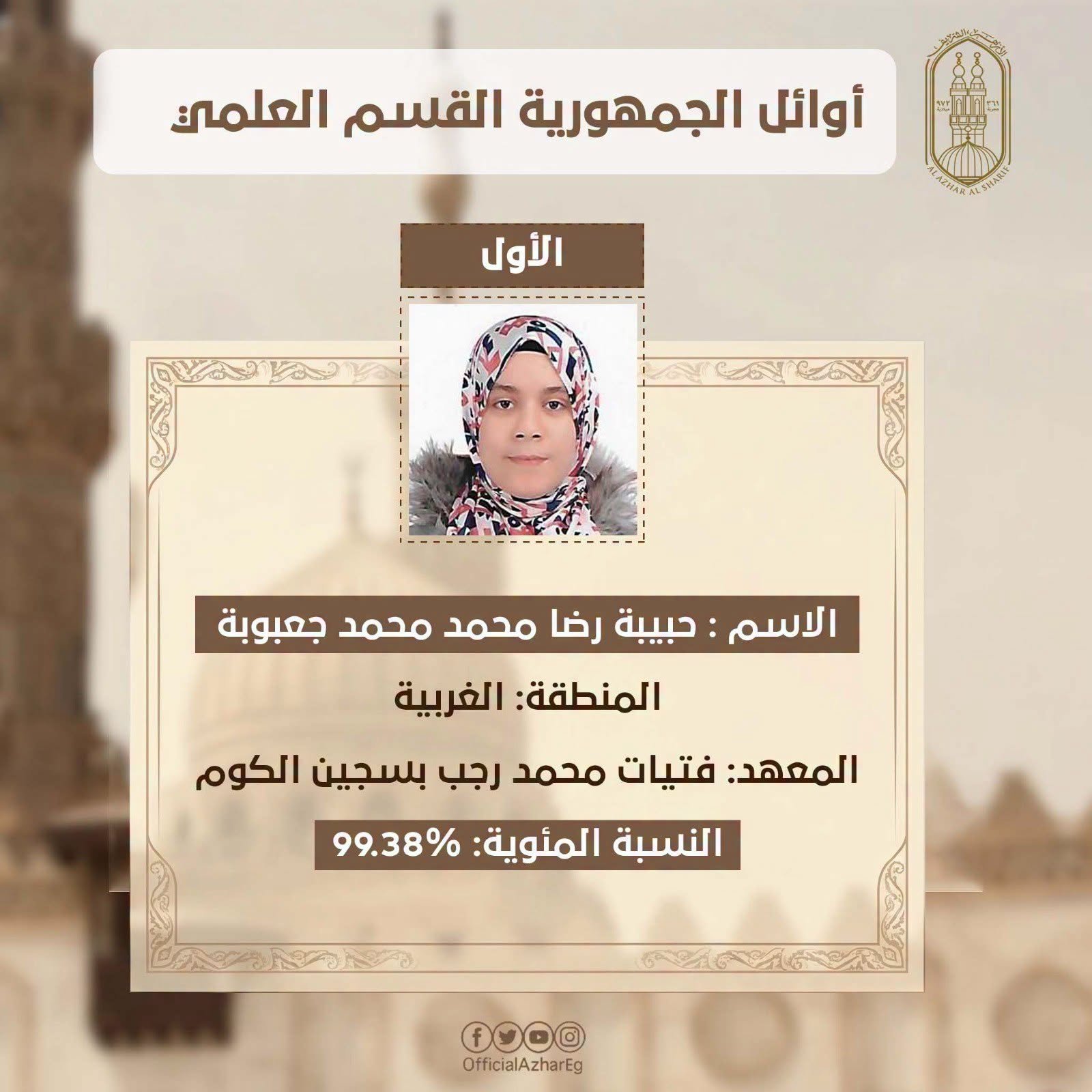 أوائل الثانوية الأزهرية القسم العلمي 2026.. تهنئة مستحقة للطلاب الحاصلين على المراكز الثلاثة الأولى 6 أوائل الثانوية الأزهرية القسم العلمي 2026.. تهنئة مستحقة للطلاب الحاصلين على المراكز الثلاثة الأولى