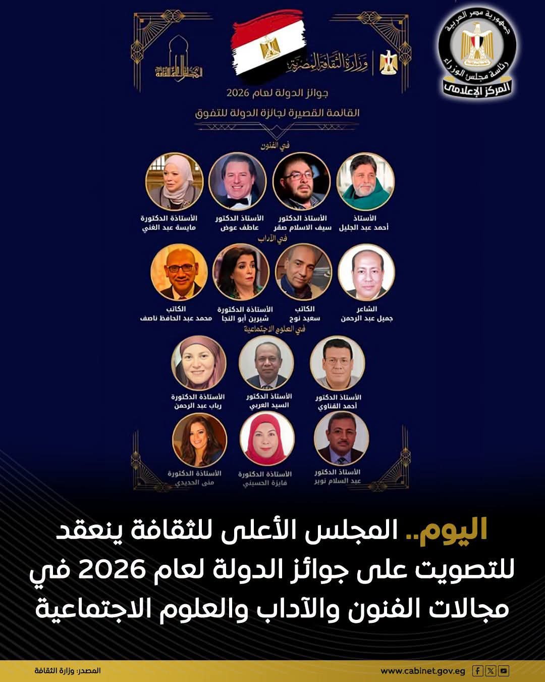 اجتماع المجلس الأعلى للثقافة للتصويت على جوائز الدولة 2026.. اعتماد الترشيحات وحسم جوائز النيل والتقديرية والتفوق