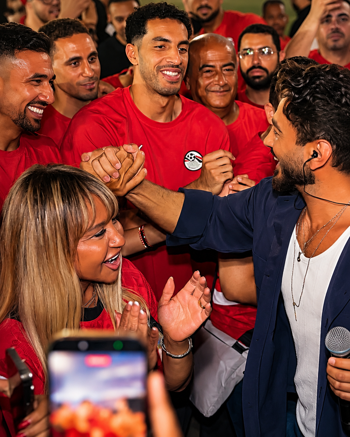 تامر حسني مع نجوم المنتخب يشعل احتفالية استاد القاهرة.. ليلة استثنائية جمعت الفن وكرة القدم