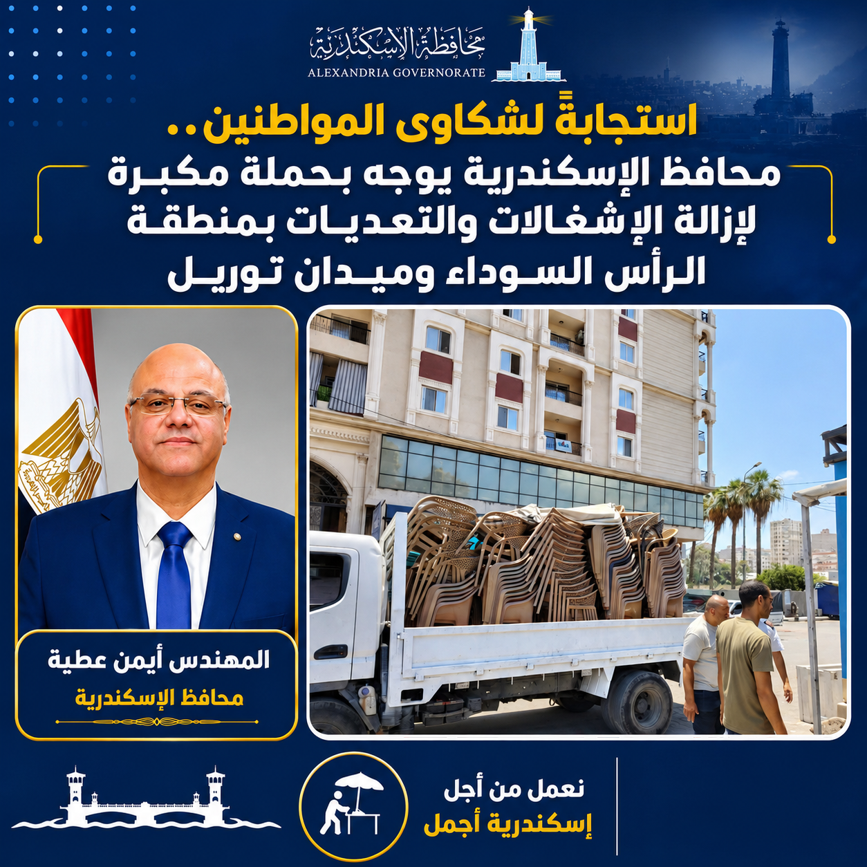 محافظ الإسكندرية يوجه بحملة مكبرة لإزالة الإشغالات والتعديات بمنطقة الرأس السوداء وميدان توريل استجابةً لشكاوى المواطنين