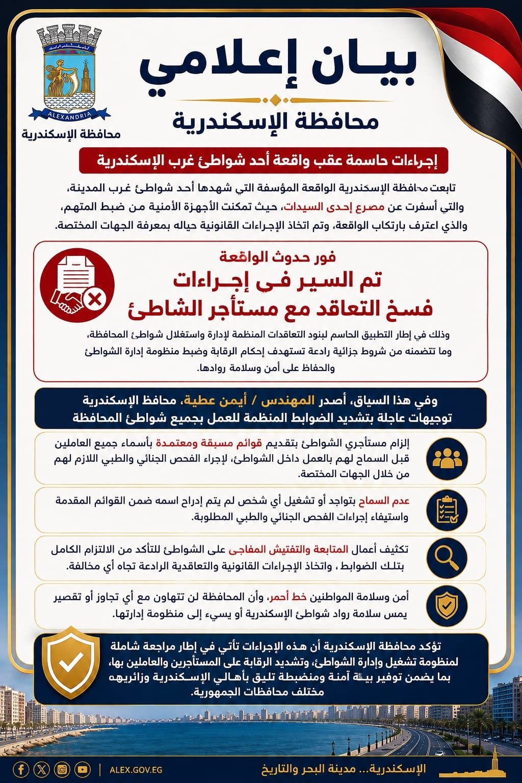 تشديد الرقابة على شواطئ الإسكندرية بعد واقعة وفاة سيدة وفسخ التعاقد مع مستأجر الشاطئ