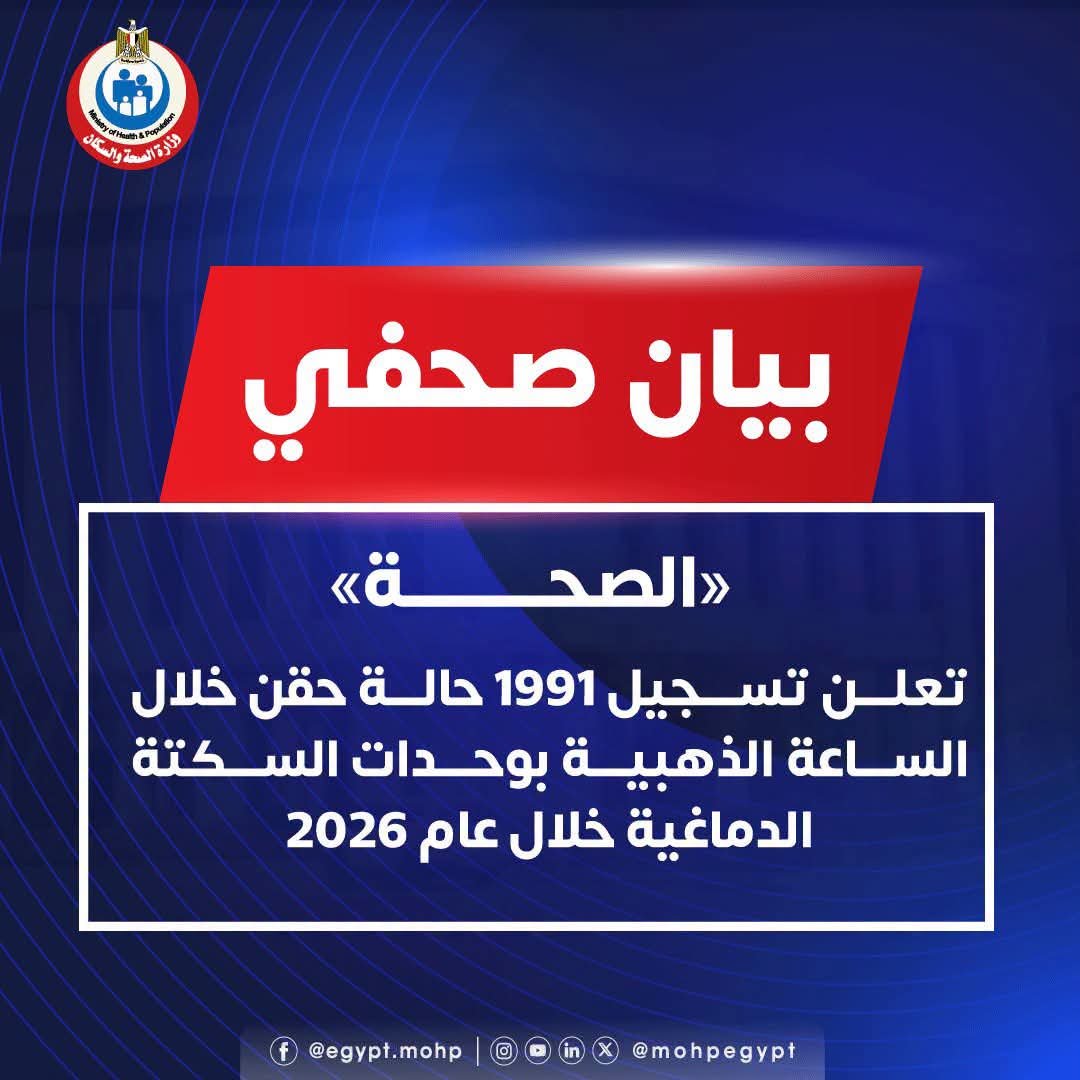 الصحة تعلن تسجيل 1991 حالة حقن خلال الساعة الذهبية بوحدات السكتة الدماغية خلال عام 2026