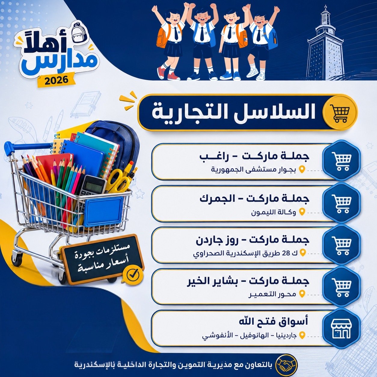 محافظة الإسكندرية تعلن أماكن معارض الأدوات والمستلزمات المدرسية استعدادًا للعام الدراسي الجديد