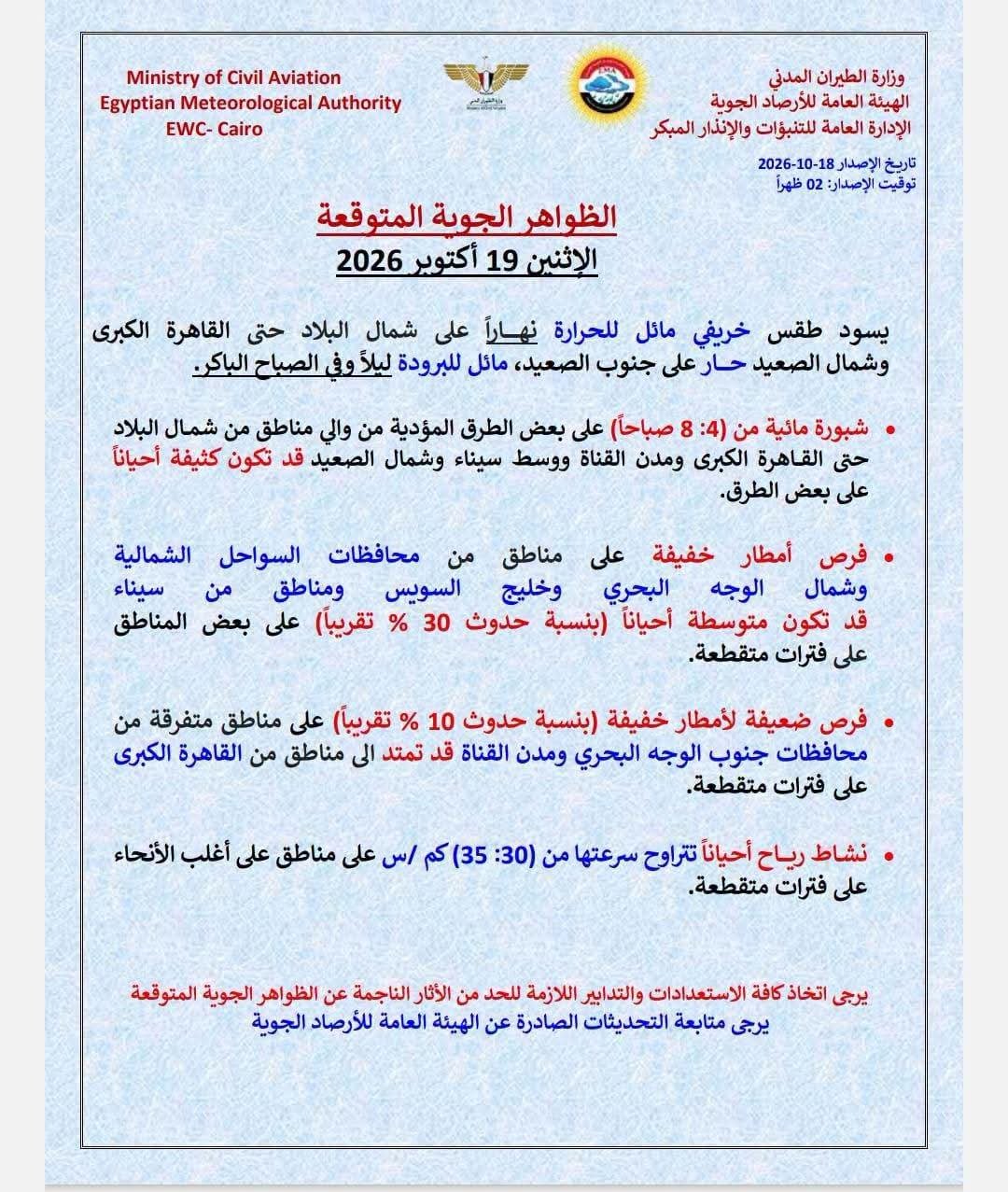 حالة الطقس غدًا الإثنين 19 أكتوبر 2026.. أجواء خريفية مائلة للحرارة وفرص أمطار خفيفة على بعض المناطق