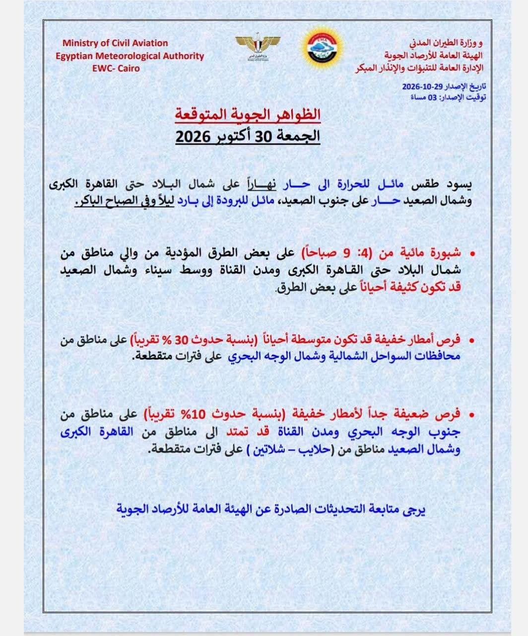 حالة الطقس غدًا الجمعة 30 أكتوبر 2026.. أجواء حارة نهارًا وشبورة مائية وفرص لسقوط الأمطار 2 حالة الطقس غدًا الجمعة 30 أكتوبر 2026.. أجواء حارة نهارًا وشبورة مائية وفرص لسقوط الأمطار