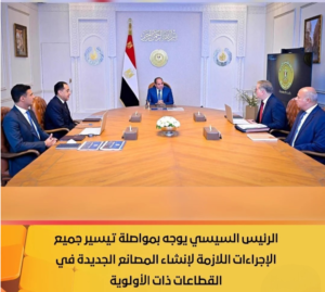 السيسي يوجه بتعظيم التصنيع المحلي وجذب الاستثمارات وتوطين الصناعات ذات الأولوية
