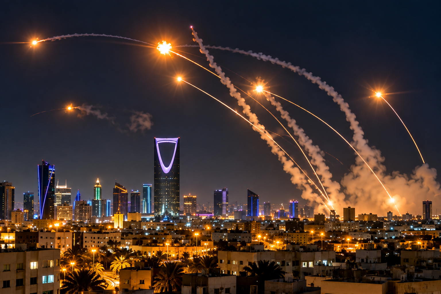 اعتراض 10 صواريخ باليستية أطلقتها جماعة الحوثي باتجاه جنوب السعودية.. وانفجارات تهز الرياض